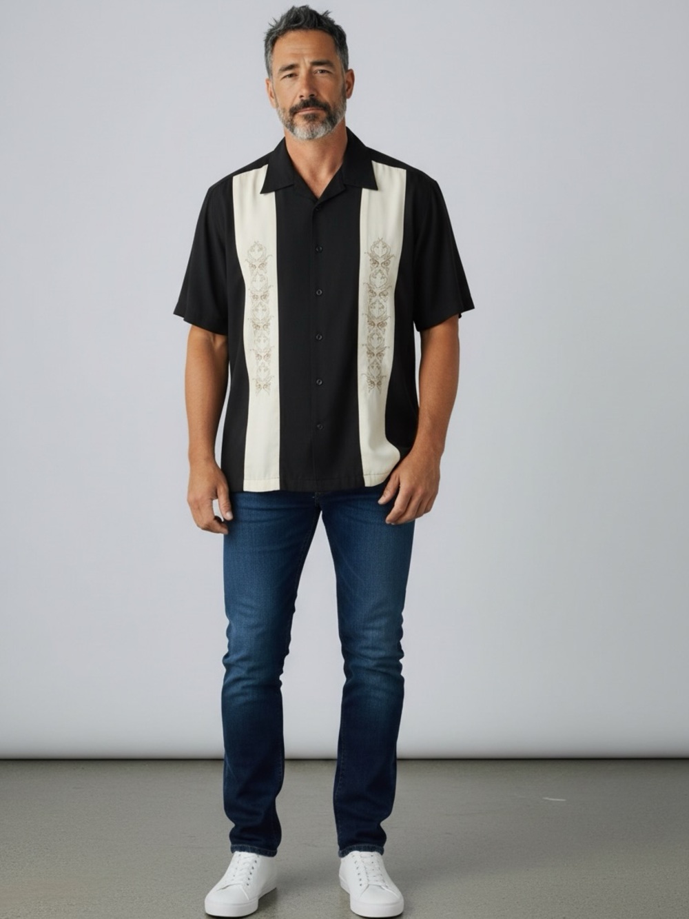 Havanera Co. Perry Ellis Embroidered Panel Black/Cream Camp Bowling Shirt Large